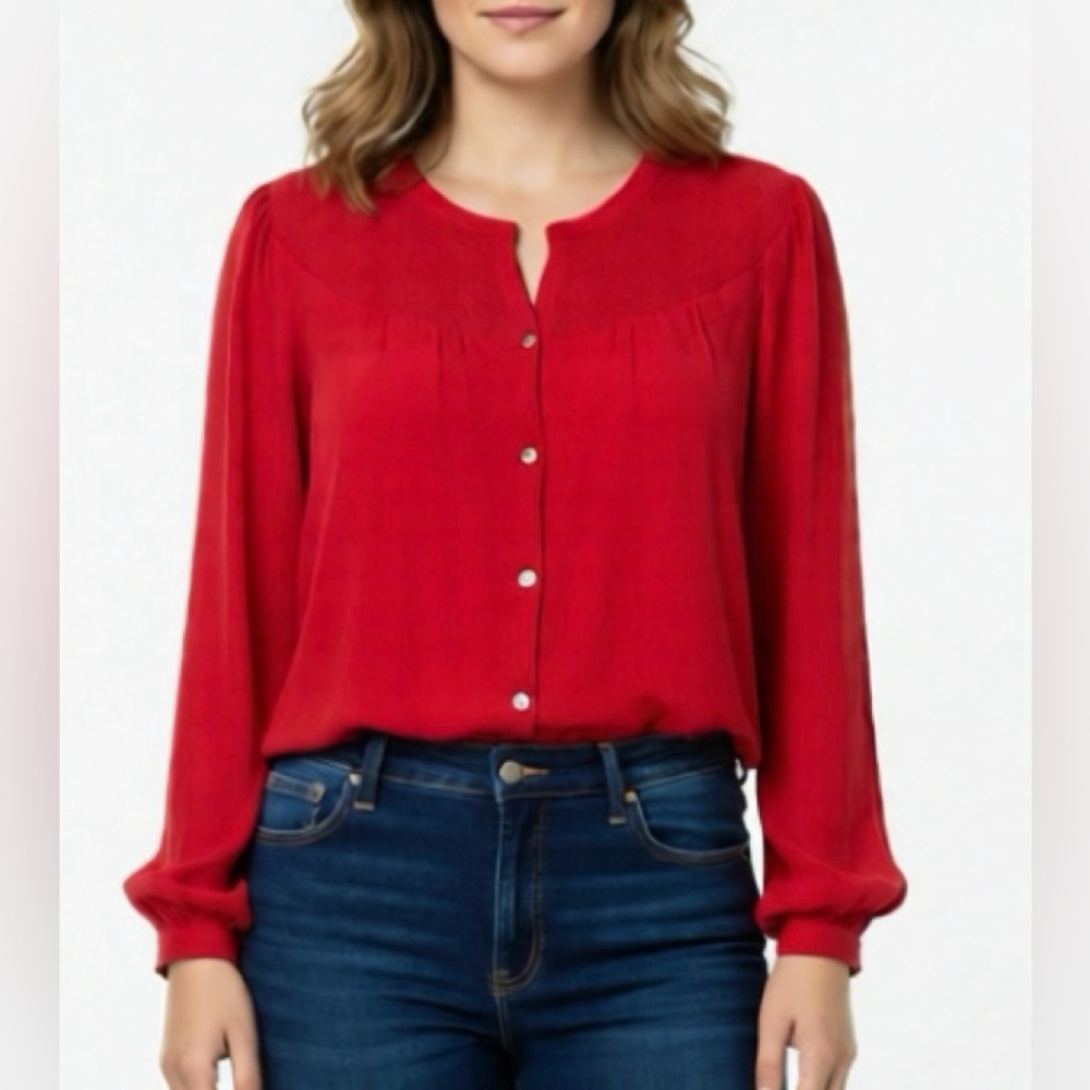 Nanette Lepore Vibrant Holiday Red Button Up Boho Blouse Top Unique Collar XL